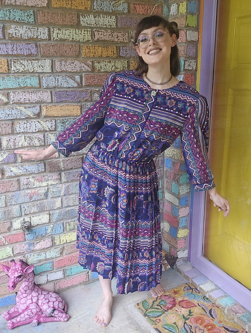 Vintage 80's Shoulder Pad Granniecore Purple Floral Pleated Midi Dress